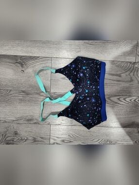 Victoria's Secret Black Galaxy Print Sports Bra with Teal Straps